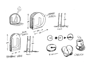 Technical sketch of rainbow acrylic vases with orange and blue geometric dimensions