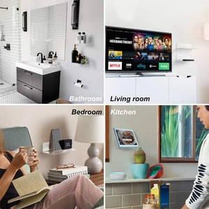 Detailed views of acrylic floating shelves used for organizing smart speakers and clocks