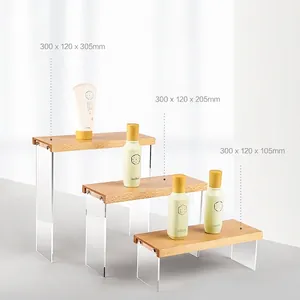 Set of 3 wooden display stands with acrylic legs for figures and retail accessories