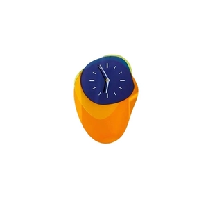 Modern abstract wall clock in blue and orange acrylic, creative geometric decor for home