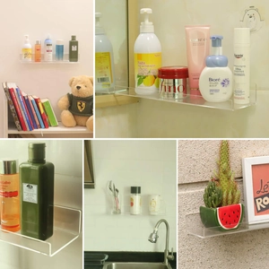 Floating transparent acrylic wall shelves for office, kitchen and bathroom storage