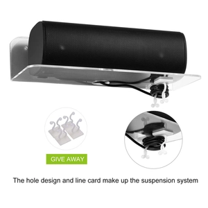 Clear acrylic wall shelf with cable hole and adhesive cable clips for speaker storage