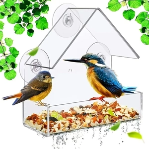 Triangle acrylic window bird feeder with suction cups and vivid birds feeding outdoors