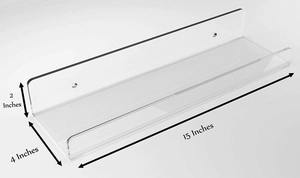 Detail view of transparent acrylic wall shelf with 15 inch length and 4 inch depth dimensions