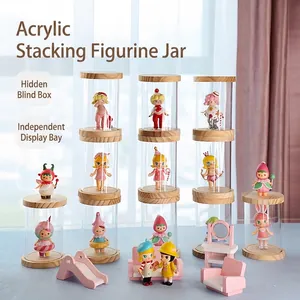 Stackable acrylic display case with wooden lids for blind box figures and mini collectibles
