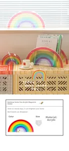 Detail view of rainbow acrylic magazine rack with dimensions 40x20x15cm for home decor