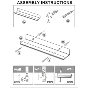 Detailed assembly instructions for transparent acrylic floating wall shelves with hardware
