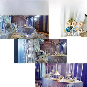 Detailed arrangement of purple wedding dessert table with acrylic stands and floral decor