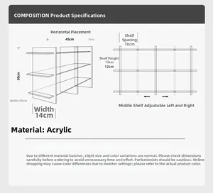 Technical drawing of 3-tier acrylic display shelf showing dimensions 45x30x14cm