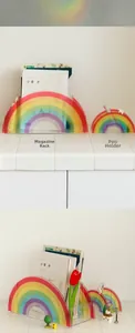 Detailed macro of vibrant rainbow acrylic magazine rack and stationery pen holder set