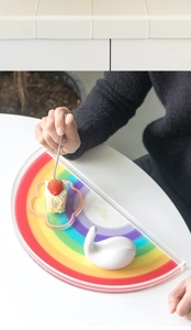 Close-up of rainbow acrylic tray with Today is your lucky day text and flower dish