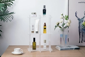 Detail of clear acrylic multi-tier organizer with a stable cross-joint assembly structure