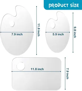 Detailed size chart for 3-piece acrylic paint palette set in oval and rectangular shapes