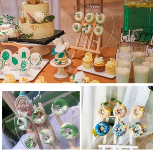 Close-up of clear acrylic donut stand with wooden base for wedding dessert table display