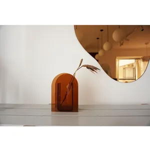 Nordic amber acrylic arched vase with minimalist geometry for home artistic decoration