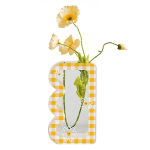 Modern acrylic checkered daisy flower vase with artistic wavy side design and faux poppies