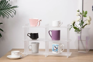 Macro detail of modular acrylic organizer showing the stackable assembly structure
