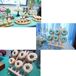 Detail of wooden tripod stand and clear acrylic donut display board for party decor