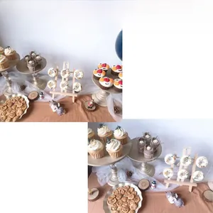 Detail view of acrylic donut stand and multi-tier cake display for wedding dessert tables