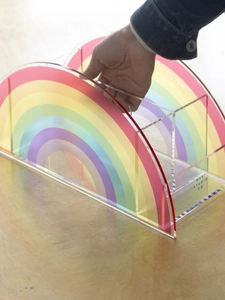 Rainbow acrylic desk organizer showing internal dividers and 'Today is your lucky day' text