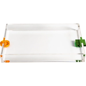Modern acrylic tray with unique orange round and green square handles for home decor