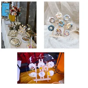 Macro detail of acrylic and wooden donut display stands for wedding dessert tables