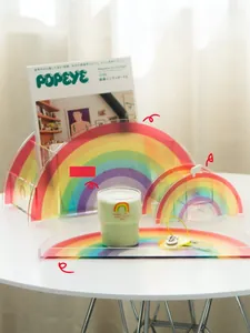 Rainbow acrylic desk organizer set with magazine rack, tray, and glass cup for home decor