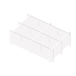 Macro view of white drawer divider showing 6 adjustable storage compartments structure
