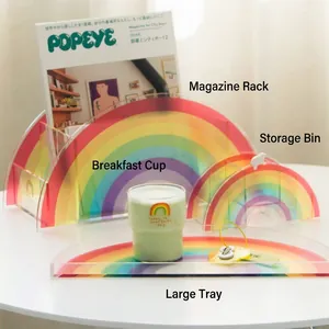 Rainbow acrylic desk organizer set with magazine rack and colorful storage trays
