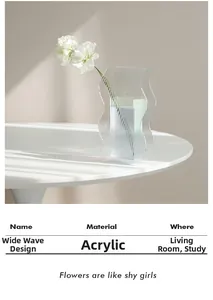 Detailed view of wide wave acrylic vase with soft natural light shadows on a white table