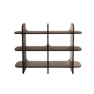 Minimalist dark wood modular shelving unit with six storage compartments in a grid design