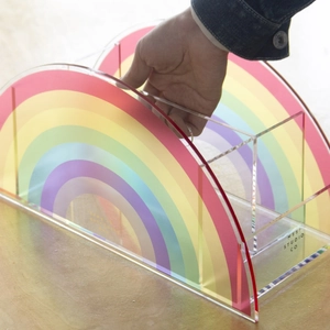 Minimalist rainbow acrylic desk organizer and book holder in high transparency finish