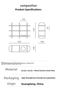 Multifunctional acrylic desk organizer with stainless steel tray, 425x130x310mm dimensions