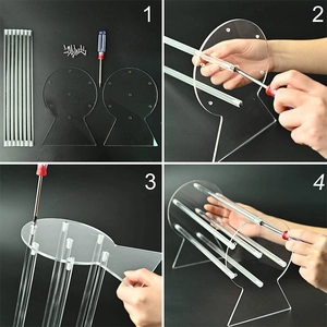 Detailed assembly steps of clear acrylic headband display stand with screws and screwdriver
