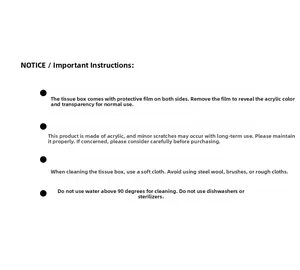 Detailed instructions for acrylic tissue box showing material care and heat resistance info
