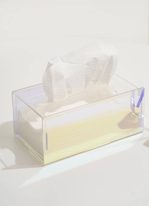 Detail shot of iridescent acrylic tissue box with rainbow gloss and minimalist design