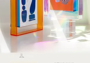 Macro shot of colorful acrylic frame with iridescent reflections and geometric art