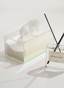 Detailed view of iridescent acrylic tissue box with rainbow gloss and elegant shadows