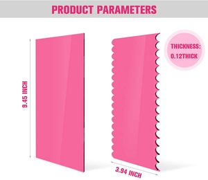 Detail showing 9.45 inch pink acrylic cake scrapers with smooth and jagged edges