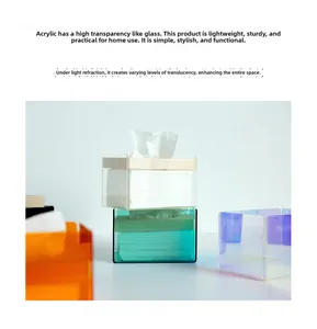 Detail of acrylic tissue box with wood lid showing high transparency and colored finish