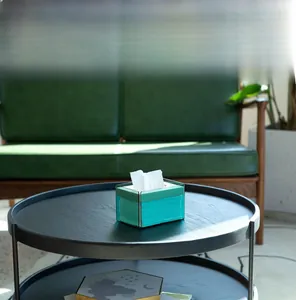 Detail of a modern dark green translucent acrylic tissue box on a round wooden table