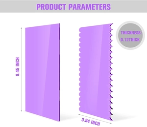 Detailed product dimensions for purple acrylic cake scrapers with size specifications