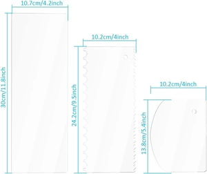 Detailed size specifications for 3-piece acrylic cake scraper set for baking