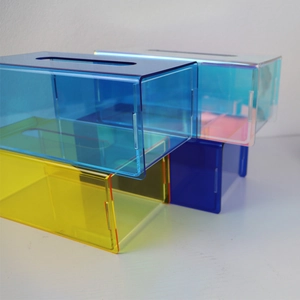 Iridescent and colorful acrylic tissue box covers in minimalist rectangular design