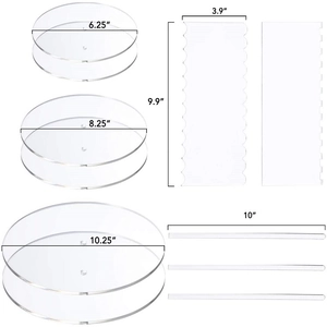 Clear acrylic cake disk set with 3 sizes, scrapers, and dowels for baking decoration