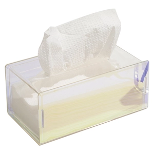 Minimalist clear acrylic tissue box holder with premium iridescent pearlescent finish
