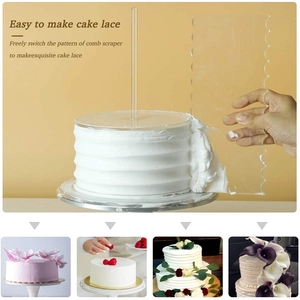 Acrylic cake disc set with scraper tool for creating textured icing on round cakes