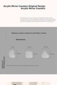 Size chart showing irregular acrylic mirror coasters in three different curved shapes