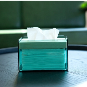 Modern lake green acrylic tissue box with natural wood lid for stylish desk organization