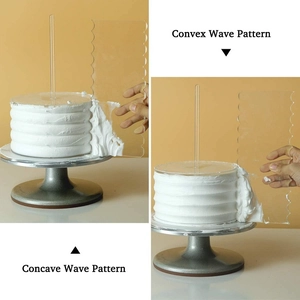 Detail of acrylic cake scrapers creating convex and concave wave patterns on cream